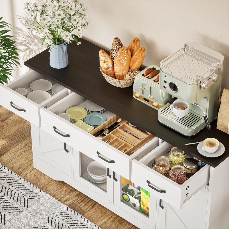 Buffet 55 "avec 3 tiroirs et 2 portes en verre, Blanc
