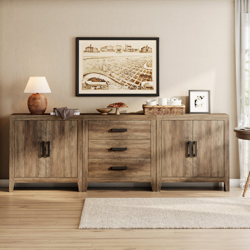 Eaton 3-Piece Modular Sideboard With Drawers & Doors, Weathered Oak Farmhouse Storage Cabinet For Living Room, Dining Room, Or Hallway, Brown