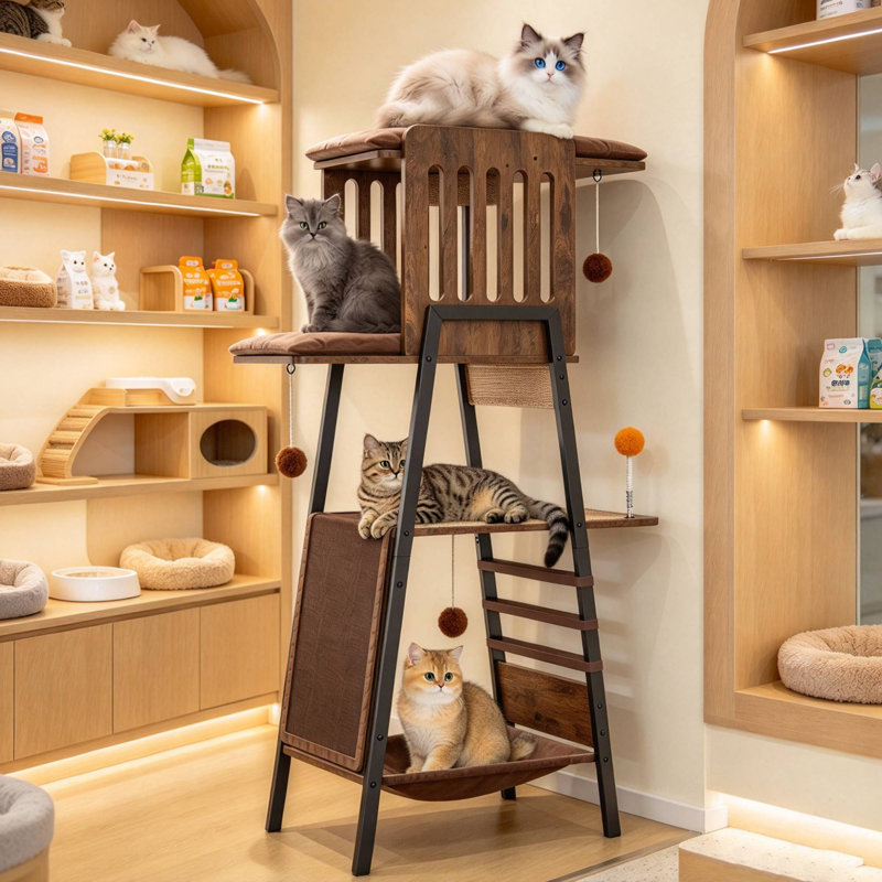 Arbre à chat de 58 po pour grands chats, tour à chat en bois multi-niveaux avec planche à gratter, perchoir et hamac pour chats d'intérieur