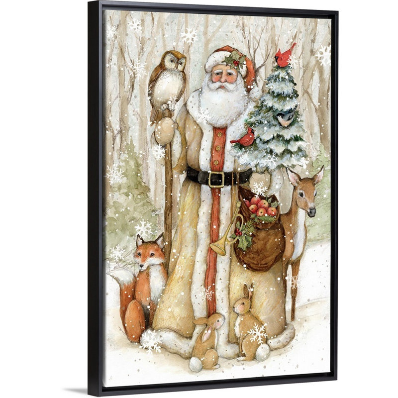 «Meadowbrook Woodland Santa» par Susan Winget - peinture sur toile tendue, H 25,25 po x l 17,25 po, Impression encadrée, Noir