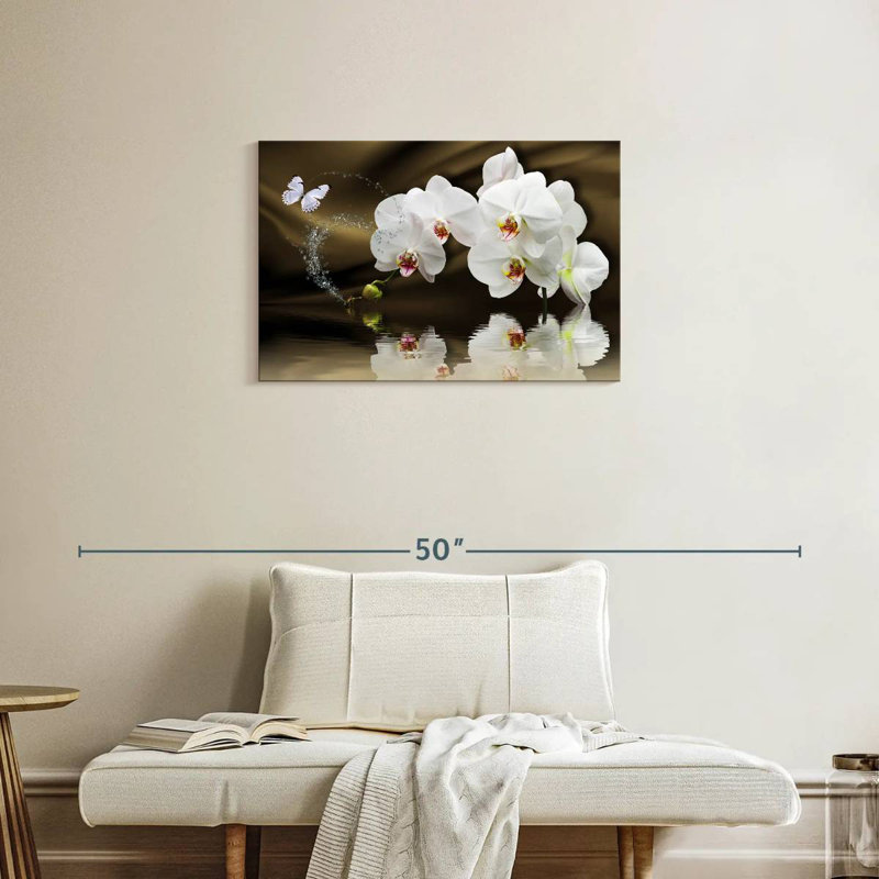 Orchidées blanches Harnek et papillon, H 20 po x l 30 po