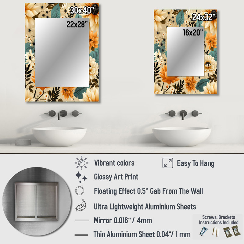 Mortola Mod Floral Nostalgia - midcentury  Mirror, Geometric,Abstract Unique Wall Mirror, Printed Metal Art, 40" x 30"