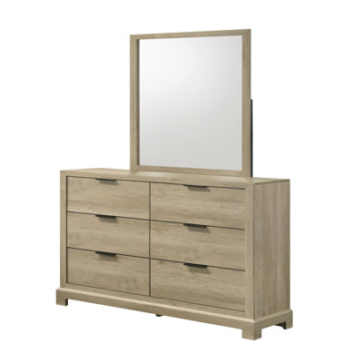 Linden 6 Dresser with Mirror Set, Modern Bedroom Storage Furniture with Sleek Handles and Warm Wood Grain Finish