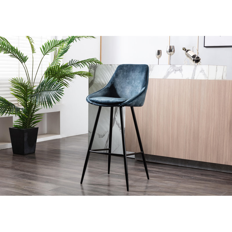 Upholstered Counter Stool with Metal Frame, Blue