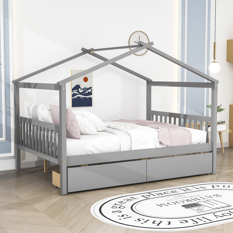 Souris Wood Daybed with 2 Big Drawers, Gray, Full