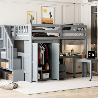 Lit double gris et lit mezzanine pour adolescents. Comprend des escaliers, une bibliothèque, des tiroirs, un bureau et une armoire. Fabriqué en bois. Lit optionnel peu encombrant pour les adolescents. Équipé de matériaux de qualité. Solution