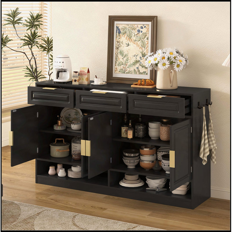 Buffet à 3 tiroirs et 4 portes, buffet de rangement multifonctionnel avec tablette réglable et compartiments ouverts, Noir