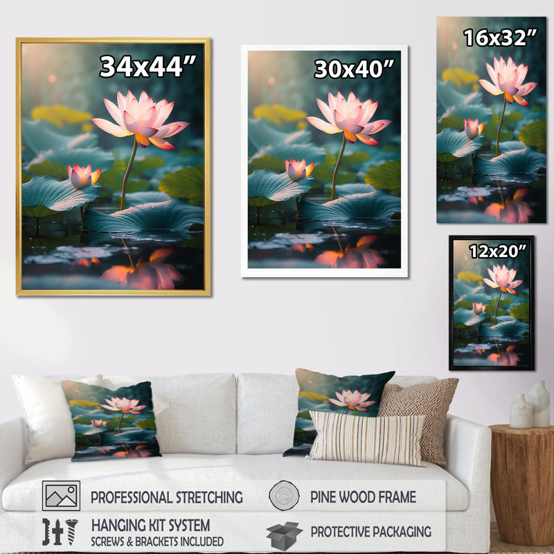 «Lotus Pond At Sunset I», reproduction sur toile, Cadre flottant blanc, H 40 po x l 30 po x P 1,5 po