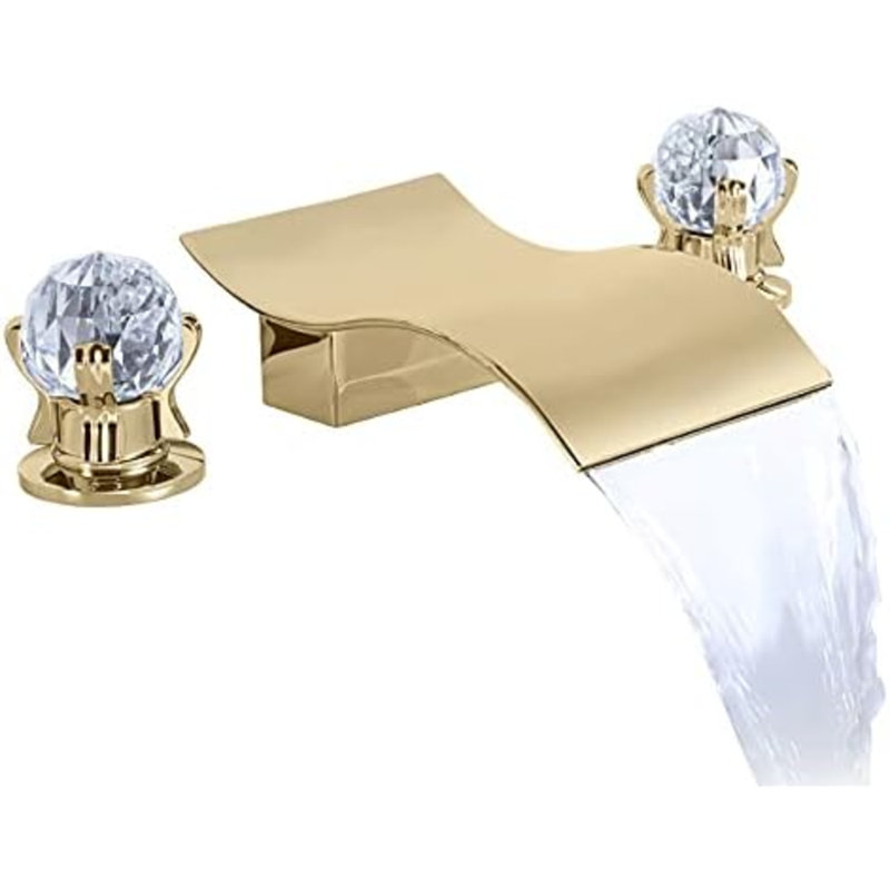 Widespread Bathroom Sink Faucet With Crystal Knob 3 Hole Waterfall Vanity Faucet 8 Inch Crystal Bathroom Faucets Deck Mount Basin Mixer Tap With Hose