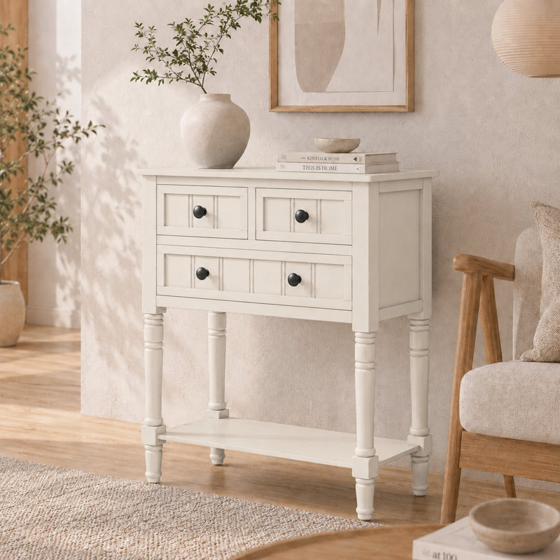 Console en bois de pin avec boutons ronds, Ivoire