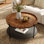 Table basse ronde en bois massif de 31,5 po, table basse de salon Boho avec rangement en métal et motif floral sculpté