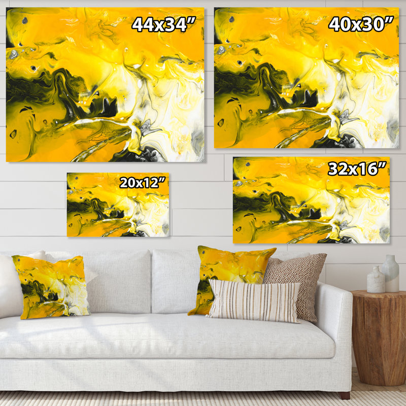 Jaune jaune noir et blanc liquide Art V - peinture sur toile, H 12 po x l 20 po x P 1 po, Toile tendue