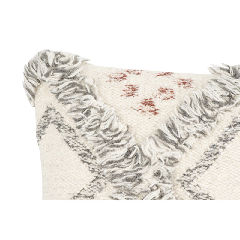 Cream and Gray Wool Kilim Pillow with Fringe Accents