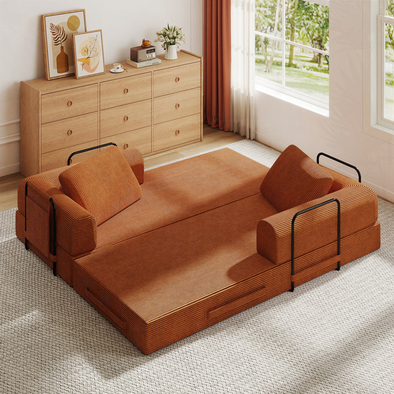 Canapé-lit convertible en velours côtelé avec coussin cylindrique Corduroy, Orange
