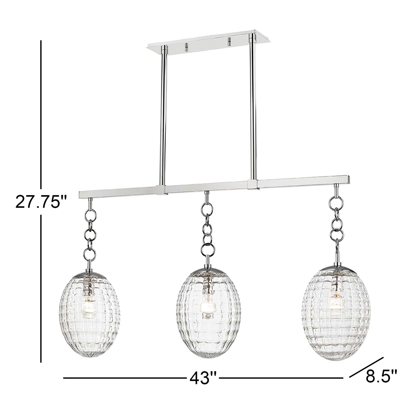 Akio 3 Light Ribbed Glass Dimmable Pendant, Polished Nickel