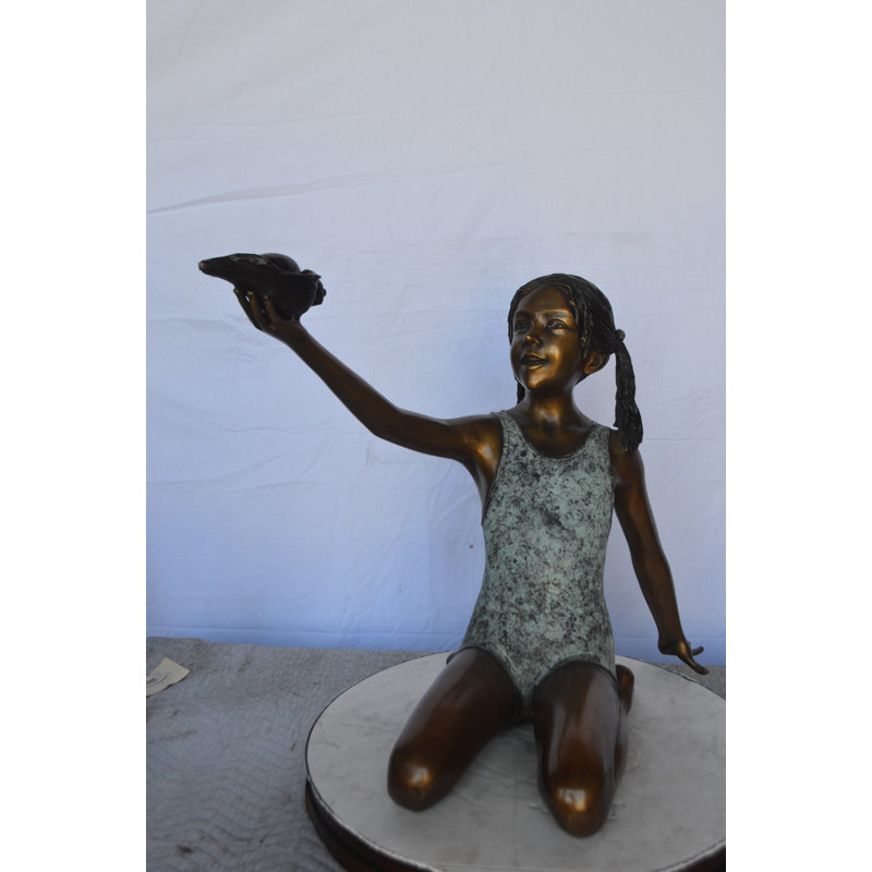 Bronze Sitting Girl Holding Shell Fountain