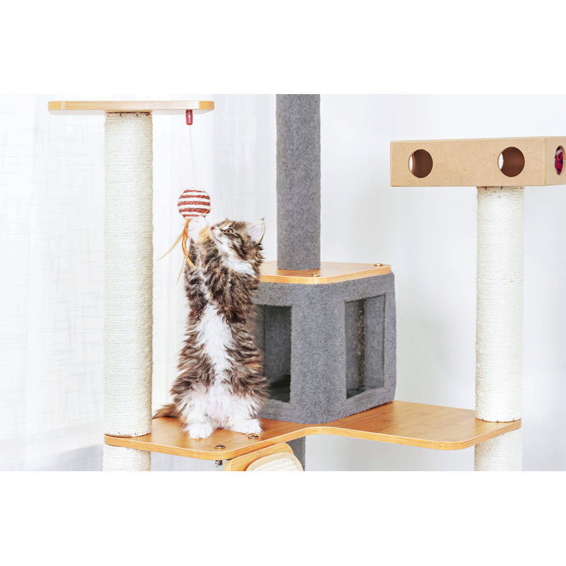 Gray and Beige Solid Wood Multi-Level Cat Tree Tower