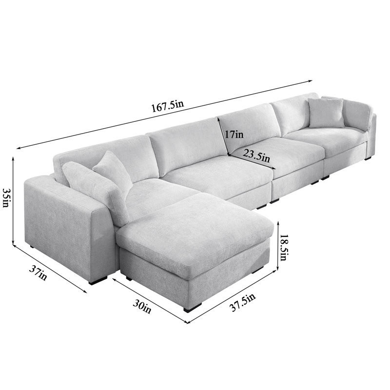 Oversized Modular Silod Wood Sectional With Ottoman, Light Gray Polyester Blend