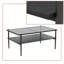 Table basse moderne en bois recyclé avec plateau en verre et tablette en bois, structure en métal-968828762