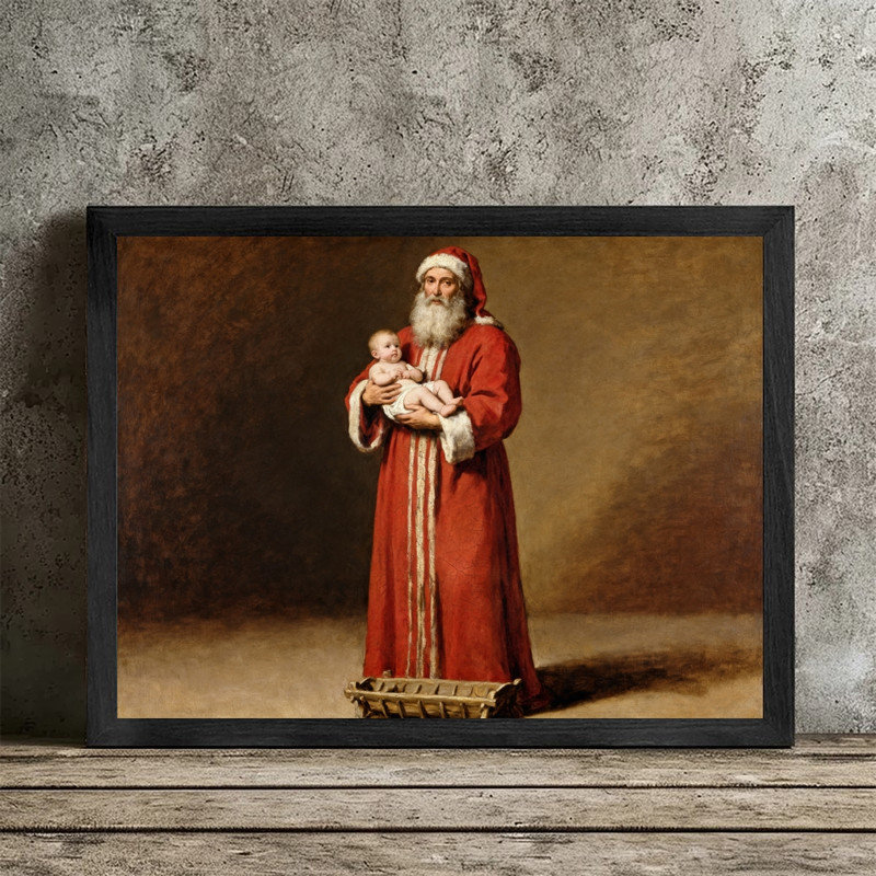 Art mural rétro noir avec père Noël - impression de décorations de crèche de Noël rustique sacrée, H 17 po x l 13 po