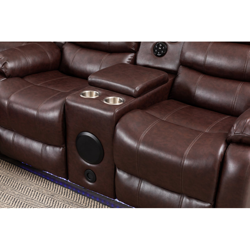 Riyani USB Faux Leather Sectional With LED Lights & Sound Woofer System , Brown Faux Leather