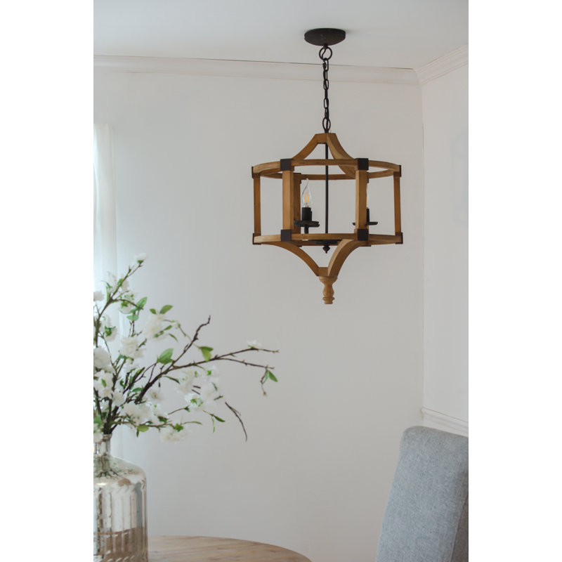 3-Light Wood Drum Chandelier with Adjustable Chain, Farmhouse Hanging Light Fixture