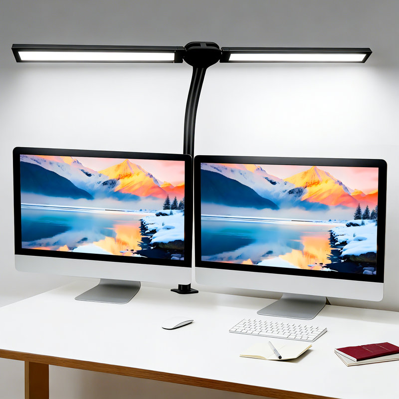 Lampe de bureau à DEL avec pince, lampe architecte soucieuse des yeux, lampe de bureau pour écran d'ordinateur à double tête, lumière de col de cygne flexible et réglable avec 4 modes de couleur et 5 niveaux de luminosité
