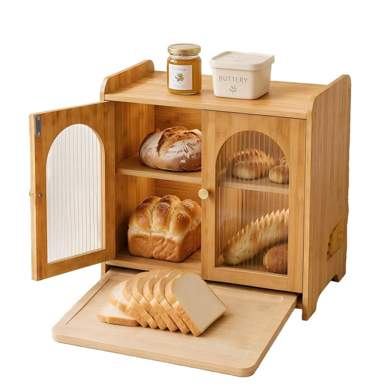 Boîte à pain pour comptoir, grand contenant de rangement en bois à double compartiment avec fenêtre en acrylique, aérations réglables et planche à découper intégrée, organisateur de garde-manger, (Bois massif)
