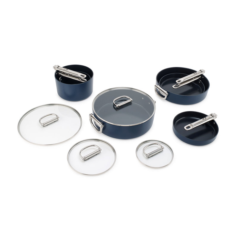 Blue Aluminum Non-Stick 10-Piece Cookware Set with Folding Handles