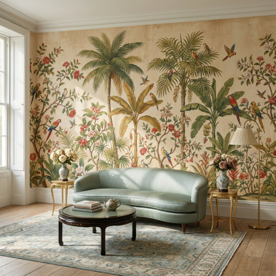 Papier peint oiseaux tropicaux avec palmiers