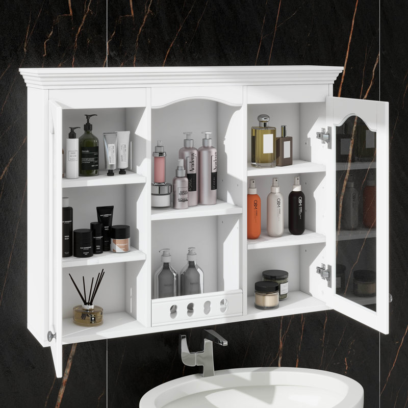 Armoire à pharmacie murale avec deux portes en verre, solution de rangement compacte pour salle de bain