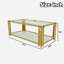 Table basse moderne moderne avec plateau en verre trempé, tablette inférieure et structure en métal asymétrique-265702478