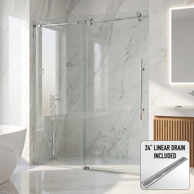 Elan E-Class 68-72 in. W x 76 in. H Frameless Sliding Shower Door in Chrome with 3/8 in. (10mm) Clear Glass and Elan 24 in. Linear Shower Drain