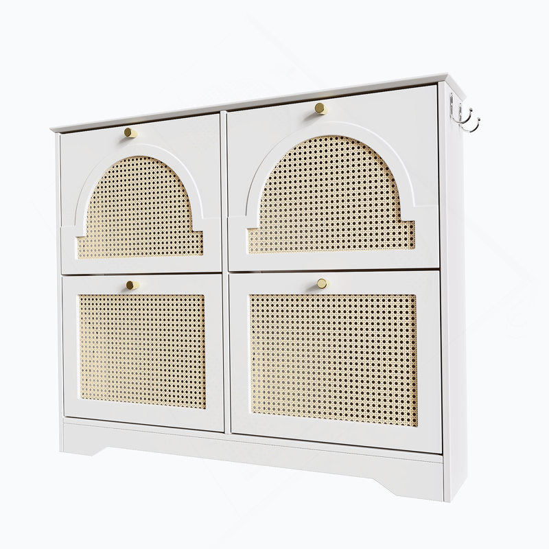 Mid - Century Style Freestanding Shoe Cabinet With Four Flip Drawers And Rattan Doors, Featuring Hooks For Enhanced Functionality