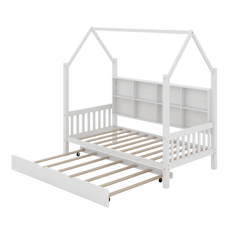 Wooden Twin Size House Bed With Trundle, Twin