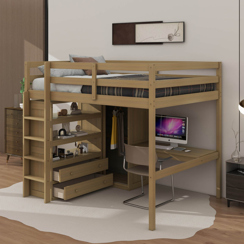 Lit mezzanine en bois pleine grandeur avec garde-robe intégrée, bureau, tiroirs et tablettes de rangement, Noyer