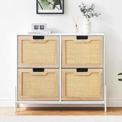 Armoire à chaussures en rotin avec 4 tiroirs rabattables et tablette réglable, rangement pour chaussures étroit