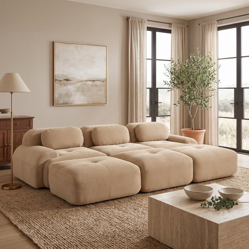 Canapé modulable 3 places en velours côtelé Camel avec 3 poufs, configuration lounge flexible, 3 Seat+3 Ottoman