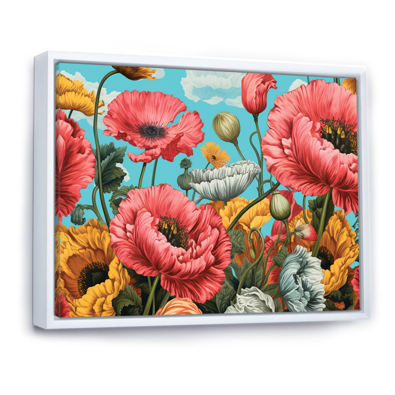 «Vibrant Pink Poppy Field Dreams», reproduction sur toile, Cadre flottant blanc, H 24 po x l 32 po