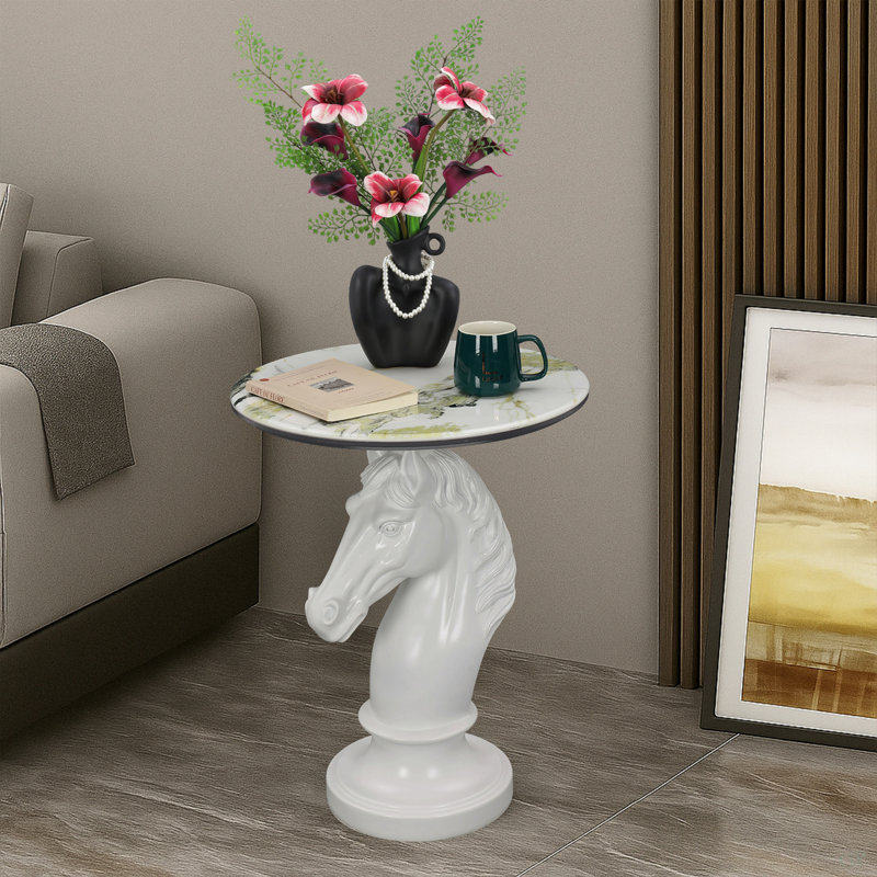 Horse Head Accent Table Animal Statue End Tables Livingroom, White, White