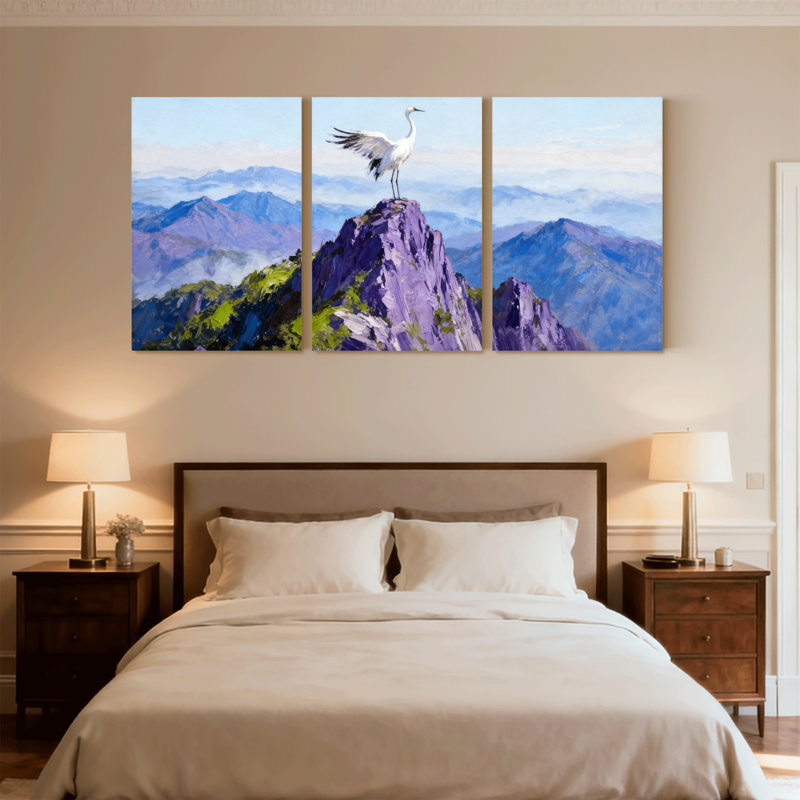 «Birds Mountain Peak Crane Sky Reflection Landscape», ensemble de 3 impressions sur toile, H 24 po x l 48 po