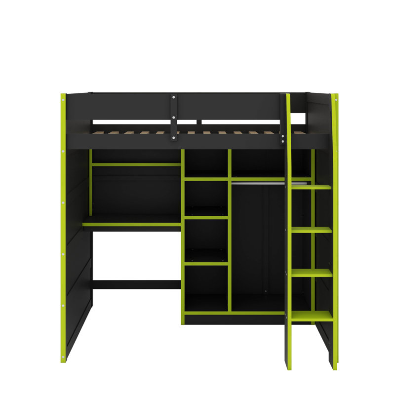 Full Size Wood Loft Bed With Desk,Open Wardrobe,Storage Compartments And RGB Lights, Green