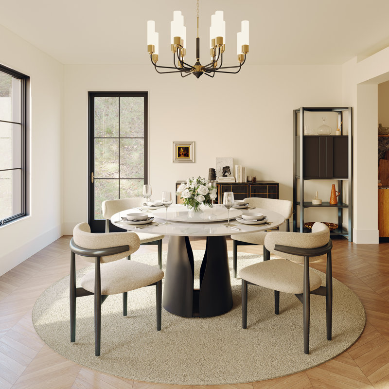 Vera Modern Round Dining Table with Lazy Susan for 4-6, Sintered Stone Tabletop, Solid Pedestal Carbon Steel Base Pre-Assembly