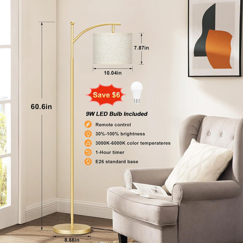 Lampe sur pied à luminosité et température de couleur réglables avec télécommande, abat-jour rotatif, télécommande magnétique et minuterie, installation facile
