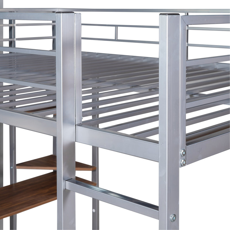 Lit mezzanine en métal avec 2 tablettes et un bureau, Argent