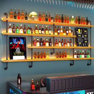 Wall-Mounted Wine Rack With LED Lights 4-Tier Wooden Floating Bar Shelves Creative Large Wine Bottle Display Rack Hanging Shelf, For Home Bar Kitchen,Living Room (Wood, 180Cm/71In)