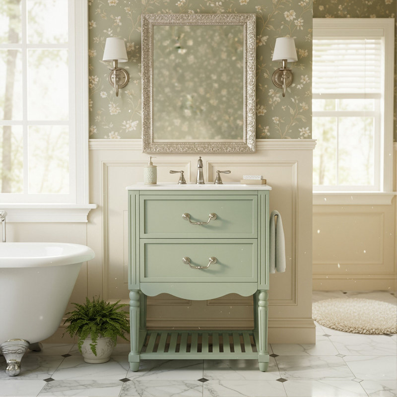 24" Freestanding Bathroom Vanity With Ceramic Sink, Vintage Palace Style Vanity With Carved Legs And Elegant Wave Design