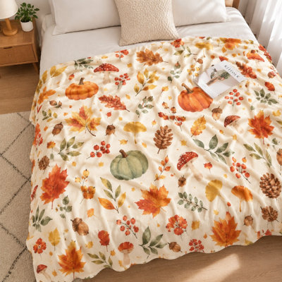 1Pcs Autumn Harvest Pumpkin & Leaf Print Plush Throw Blanket – Cozy and Warm for Sofa, Couch, Bed;All-Season ComfortVibrant Fall DesignPerfect Home Decor Gifts Bedding and sofa items