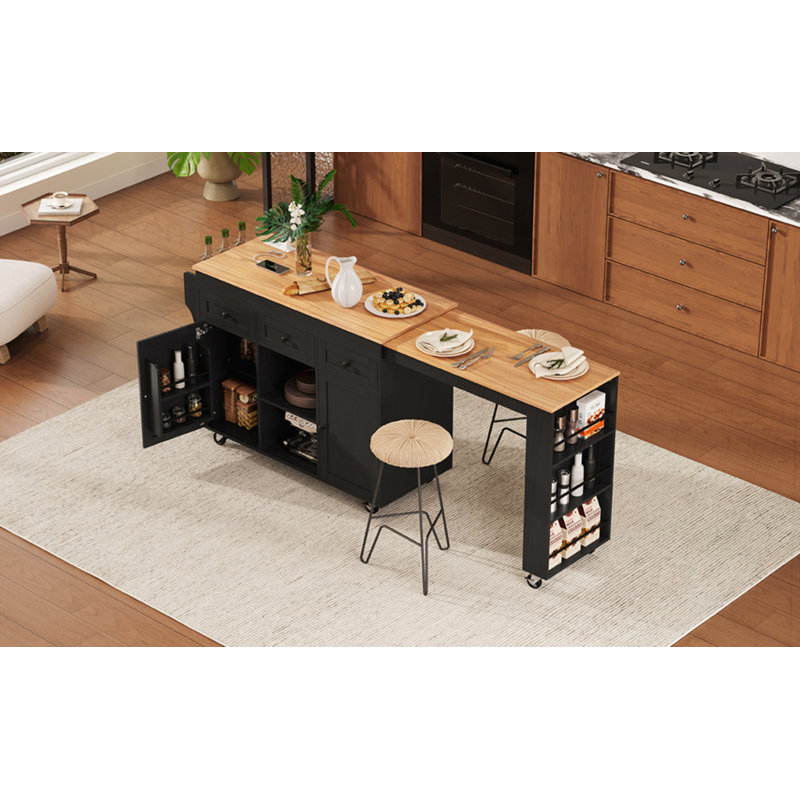 85.5" Kitchen Island with Extendable Dining Table, Black