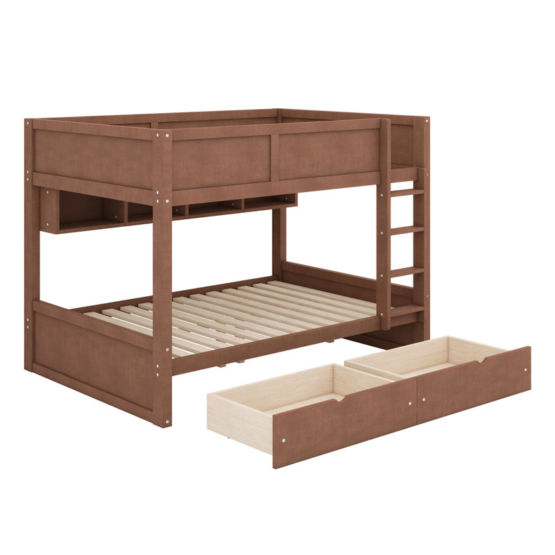 Multifunctional bunk bed system, equipped with storage shelves, under-bed drawers, and decorative LED lighting, Brown